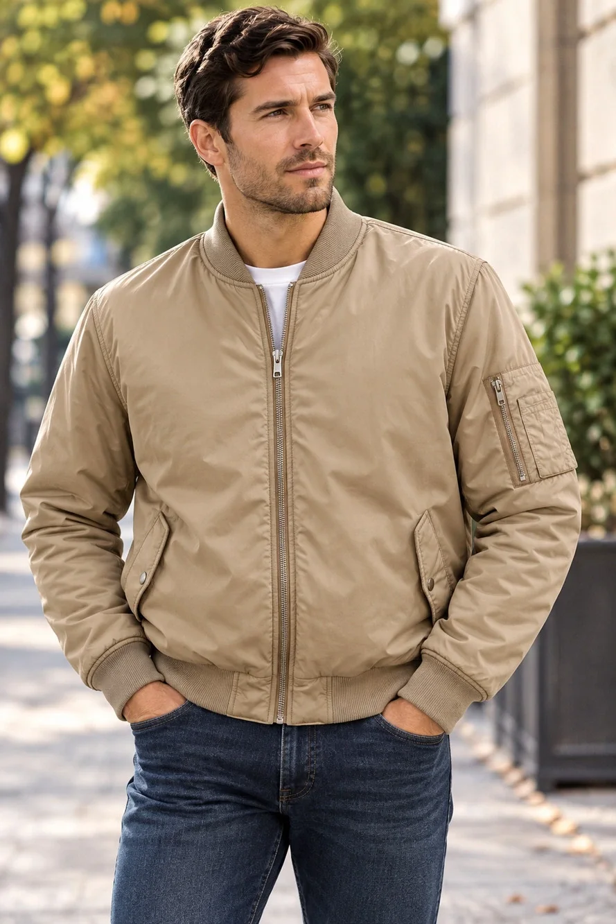 Topman Men's Medium Bomber Jacket Tan 2-in-1 Removable Zip In Vest Liner Utility